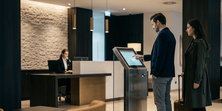 Paar mit Reisekoffer checkt am digitalen Self-Service-Terminal in einer Hotellobby ein.