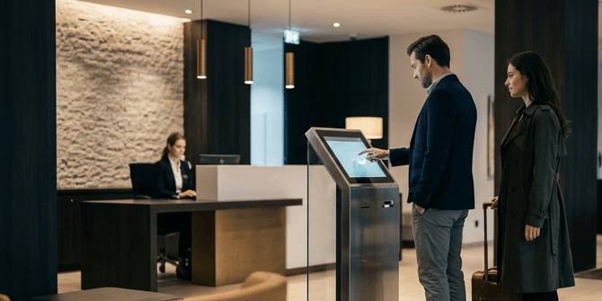 Paar mit Reisekoffer checkt am digitalen Self-Service-Terminal in einer Hotellobby ein.