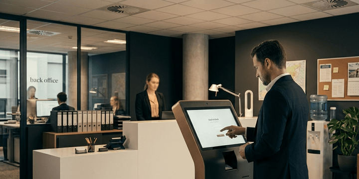Besucher nutzt digitales Check-In-Terminal im KMU-Empfangsbereich, Back-Office im Hintergrund.